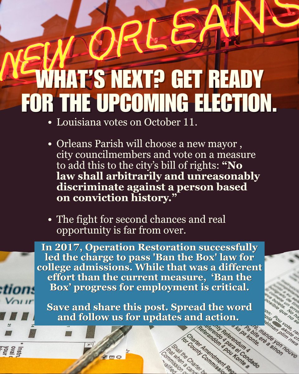 Operation Restoration (@theor_nola) on Twitter photo The NOLA City Council just passed an ordinance that lets people who believe they were denied jobs by city employers or contractors because of their criminal history sue in civil court for damages. This is a major step forward in the fight for fair hiring. 
#FairChanceHiring The NOLA City Council just passed an ordinance that lets people who believe they were denied jobs by city employers or contractors because of their criminal history sue in civil court for damages. This is a major step forward in the fight for fair hiring. 
#FairChanceHiring
