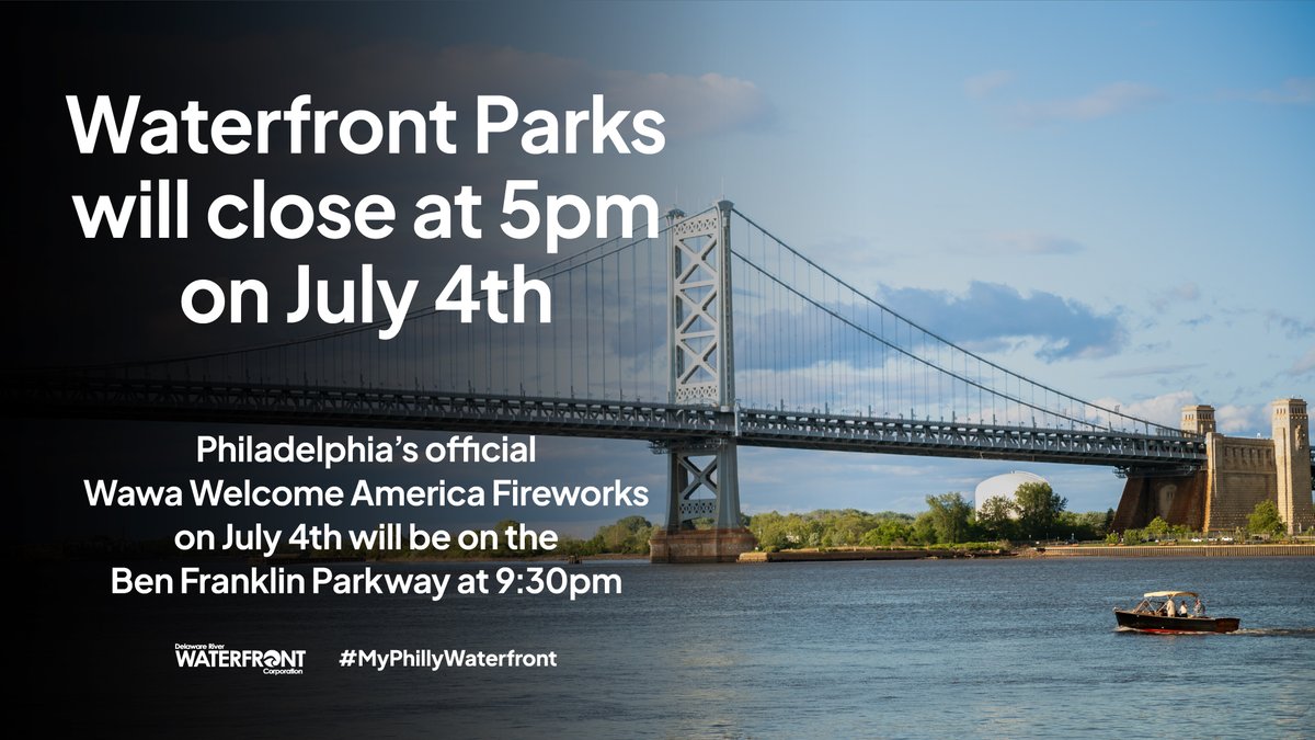 DelRiverWfront's tweet image. Heads up! All Waterfront parks, including @cherrystpier, @SSHarborPark &amp;amp; @IBXRiverRink close at 5 PM on July 4. No fireworks on the Waterfront—but catch @July4thPhilly fireworks on the Parkway at 9:30 PM! bit.ly/4ntzCxs