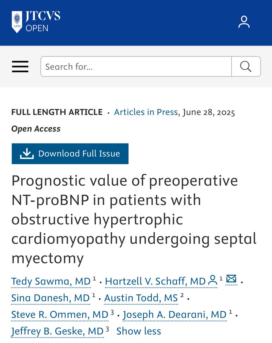 Tedy Sawma (@tedysawma98) on Twitter photo Happy to share our recently published work in @JTCVS on the prognostic value of preoperative NT-proBNP in patients undergoing septal myectomy for hypertrophic cardiomyopathy.
jtcvsopen.org/article/S2666-…
<a href="/HSchaffMD/">Hartzell Schaff, MD</a>
<a href="/SinaDaneshMD/">Sina Danesh, MD</a>
<a href="/MayoClinicCVS/">Mayo Clinic Cardiac Surgery</a>
<a href="/AATSHQ/">AATS</a> Happy to share our recently published work in @JTCVS on the prognostic value of preoperative NT-proBNP in patients undergoing septal myectomy for hypertrophic cardiomyopathy.
jtcvsopen.org/article/S2666-…
<a href="/HSchaffMD/">Hartzell Schaff, MD</a>
<a href="/SinaDaneshMD/">Sina Danesh, MD</a>
<a href="/MayoClinicCVS/">Mayo Clinic Cardiac Surgery</a>
<a href="/AATSHQ/">AATS</a>