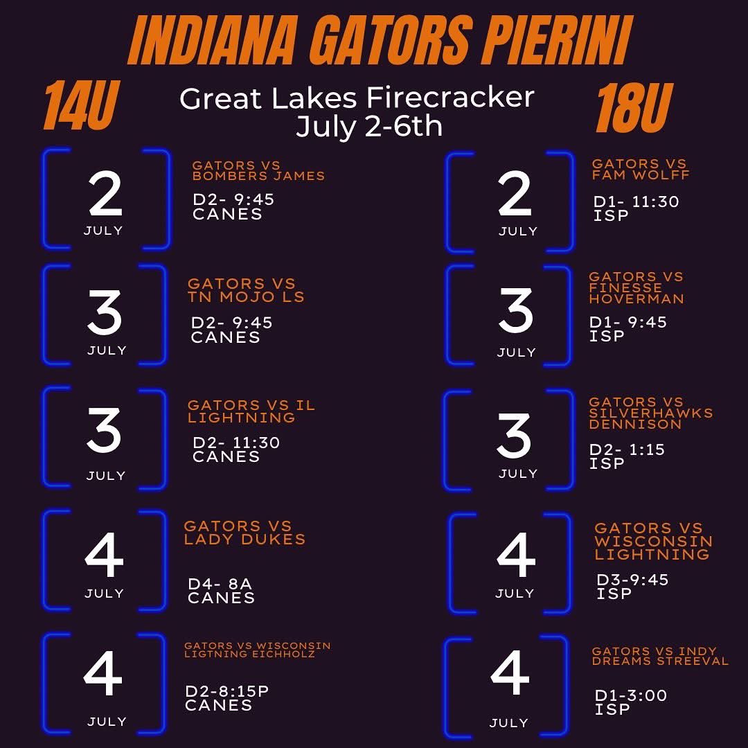 Jocelyn *Jay* Donitzen 2027 (@jocelyndonitzen) on Twitter photo Excited to play with Indiana Gators Pierini this week at the Great Lakes Firecracker! Come watch us play at Indy Sports Park and make sure to catch Gators Pierini 14U at the Canes complex. Goooo Gators! 
🧡💙🧨🥎 Excited to play with Indiana Gators Pierini this week at the Great Lakes Firecracker! Come watch us play at Indy Sports Park and make sure to catch Gators Pierini 14U at the Canes complex. Goooo Gators! 
🧡💙🧨🥎