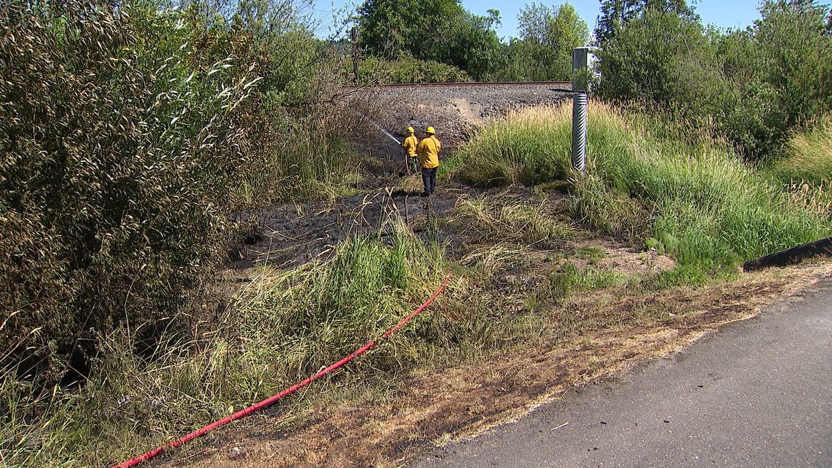 JSimmonsTVNews's tweet image. Firefighters with @RentonRFA fighting multiple small fires on the Interurban Trail. This is directly adjacent to the @BlueOrigin facility. @KOMONews -