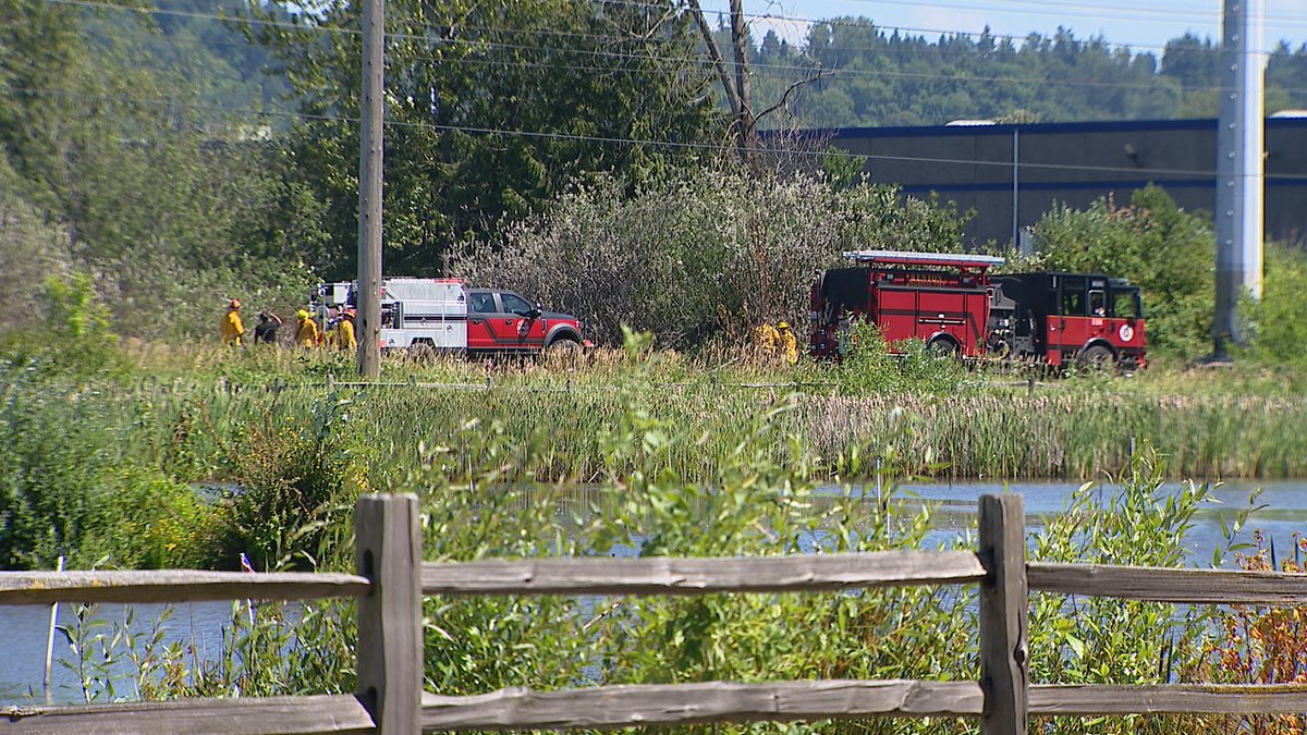 JSimmonsTVNews's tweet image. Firefighters with @RentonRFA fighting multiple small fires on the Interurban Trail. This is directly adjacent to the @BlueOrigin facility. @KOMONews -