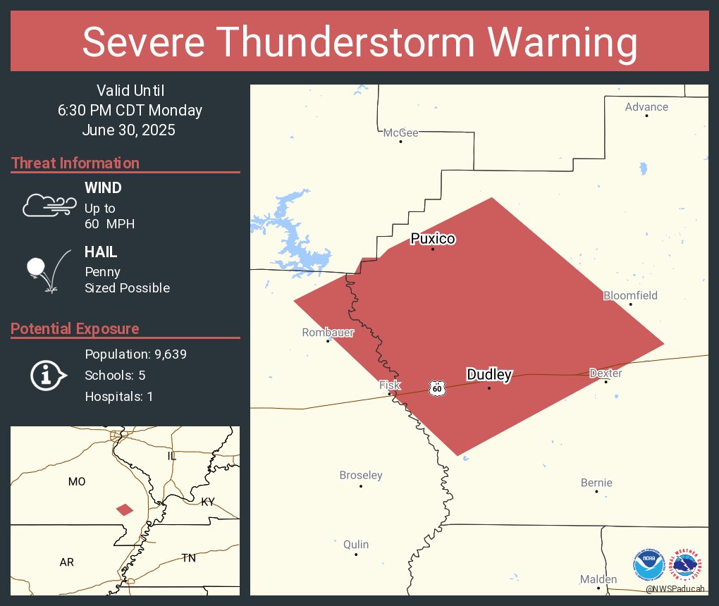 K103FM's tweet photo. Severe Thunderstorm Warning 6/30/2025 till 6:30 PM for Stoddard County, MO. From NWS &amp; River Radio. https://t.co/4CU1OpnYrC