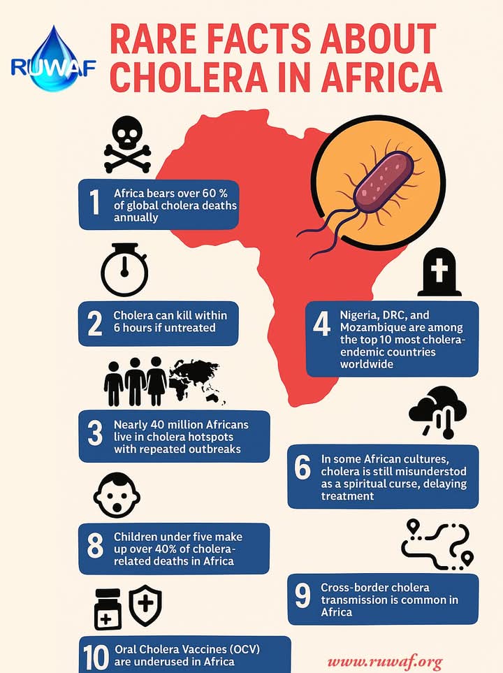 ruwaf_'s tweet photo. Rare &amp; Shocking Facts about Cholera in Africa

1. Africa bears over 60% of global cholera deaths annually.
   Despite global efforts, sub-Saharan Africa remains the epicenter of cholera mortality.

2. Cholera can kill within 6 hours if untreated. https://t.co/Ee4t2xYOV0
