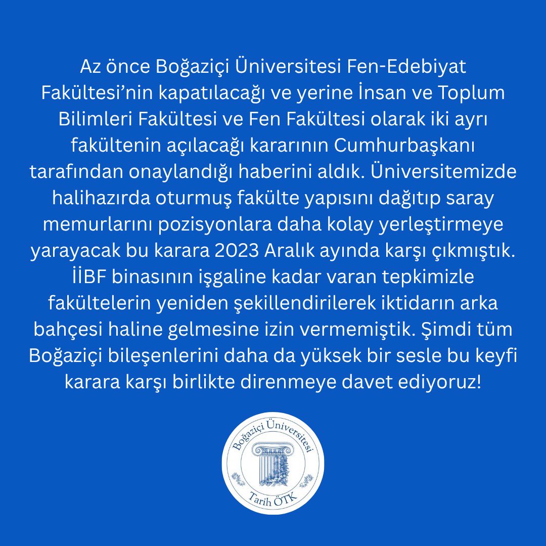 bounhist's tweet image. Boğaziçi Üniversitesi Tarih Öğrencileri olarak fakültemizin kapatılmasını kabul etmeyeceğimizi bildiriyoruz! Yarın 12.15’te Güney Meydan’da buluşuyoruz!