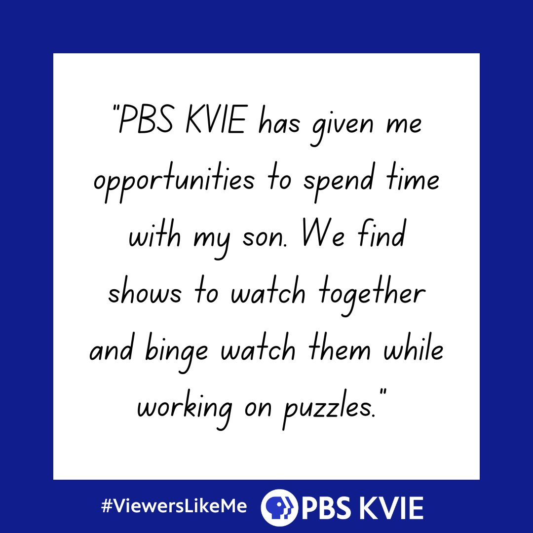 KVIEPBS's tweet photo. “PBS KVIE has given me opportunities to spend time with my son. We find shows to watch together and binge watch them while working on puzzles."

If quality TV time is your love language, you're in good company. 💙 What's your favorite show to watch with others?

#ViewersLikeMe https://t.co/8X5WKJWqaw