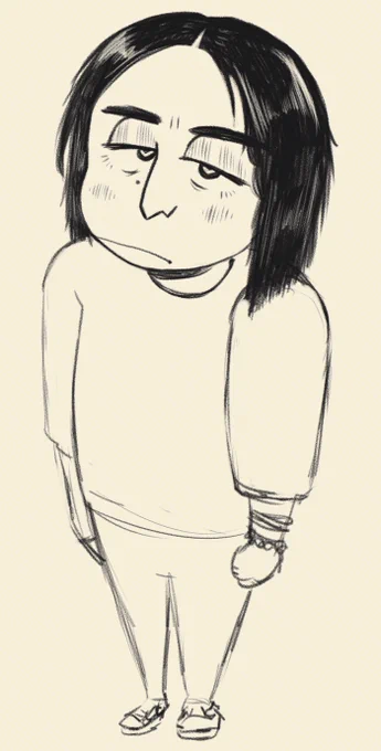 A simple monochromatic illustration (full body) of my original character, Neil Bonner. The perspective is top-down, with Neil's head being the most detailed asset. He is looking at the viewer with a slightly bashful expression.