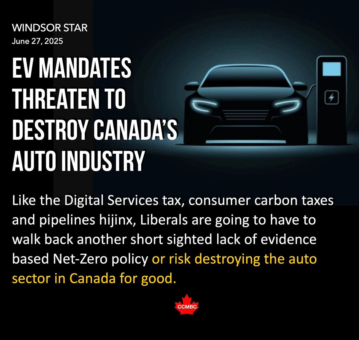 2021Ccmbc's tweet photo. Oh look, Canada’s auto industry is on the brink thanks to those genius EV mandates from the Liberal brain trust! Maybe Mark Carney can swoop in with his catalysing wizardry to save the day - or just add it to the pile of Net-Zero flops. #MarkCarney #CanadianLiberals #EVFail #NetZeroNonsense
@Swiftie01