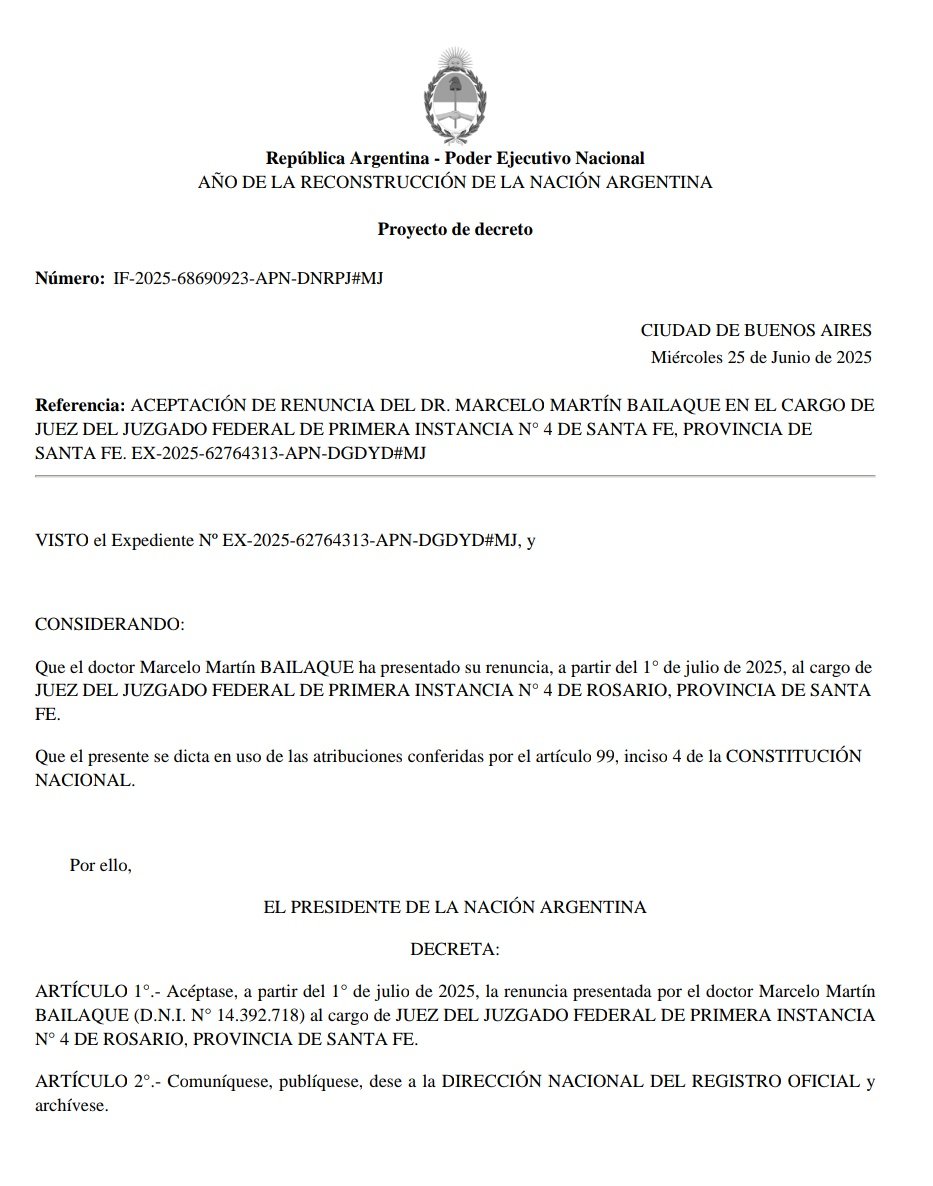 Milei aceptó la renuncia del juez Marcelo Bailaque, que así zafa de ser destituido y podrá tramitar su jubilación de privilegio.

Hablame de casta.