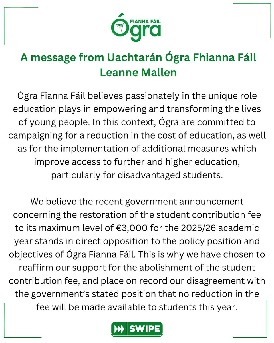 OgraFiannaFail's tweet photo. A statement from Ógra Fianna Fáil on the government’s plan to revert the student contribution fee to its original amount. ⬇️ https://t.co/WrvlxRQGhw
