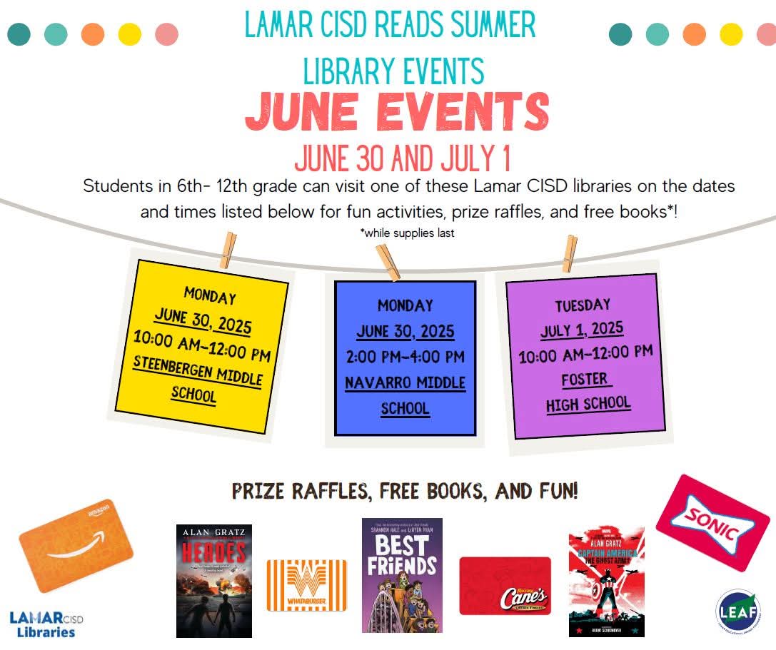 📚🌞 Exciting Summer Library Events for Grades 6-12 TOMORROW! 🌞📚
🎉 Join us for an unforgettable summer celebration filled with fun activities, exciting raffles, and free books.
📅 Tomorrow from 10-12 at Foster!  Bring your friends along for a day of adventure and discovery.