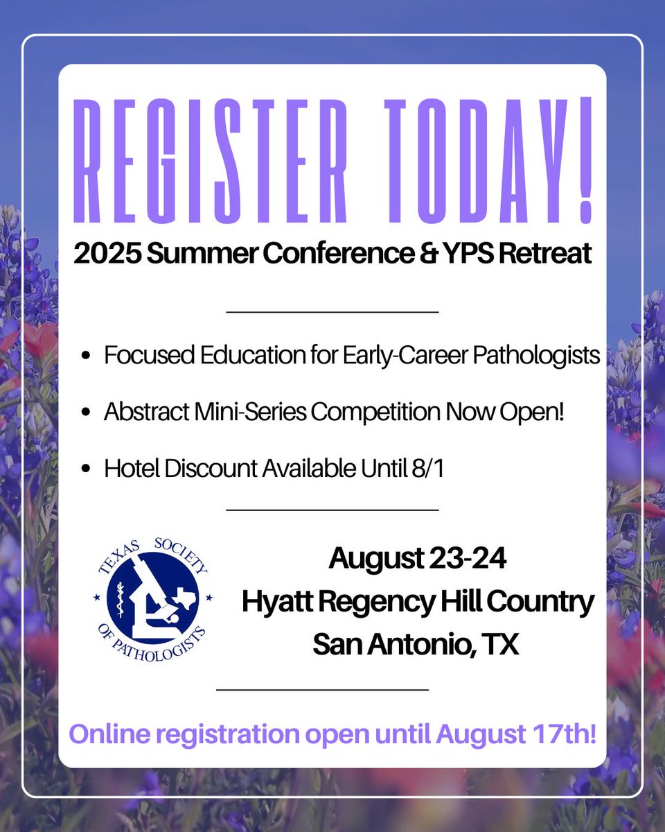 Have you registered yet?
The TSP Summer Conference &amp; YPS Retreat is coming up!
✅ Registration is open through 8/17
❗ Abstracts due 7/16
🏨 Hotel discount ends 8/1
📍 Register now via the link in bio!
#TSP #TxPath #Pathology #TexasHealthcare #YPS