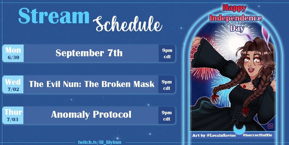 𝕎𝕖𝕖𝕜𝕝𝕪 𝕊𝕔𝕙𝕖𝕕𝕦𝕝𝕖

I'm thrilled to be back for my first full week! While I won't be able to stream on Fri, we'll have a stream on Thurs. Thank you so much, everyone; we reached our FFF goal!

𓆩♡𓆪 ᴀʀᴛ: LocalxSaviorTTV

𓆩♡𓆪 ​ᴛᴡɪᴛᴄʜ​: twitch.tv/lil_lilybun