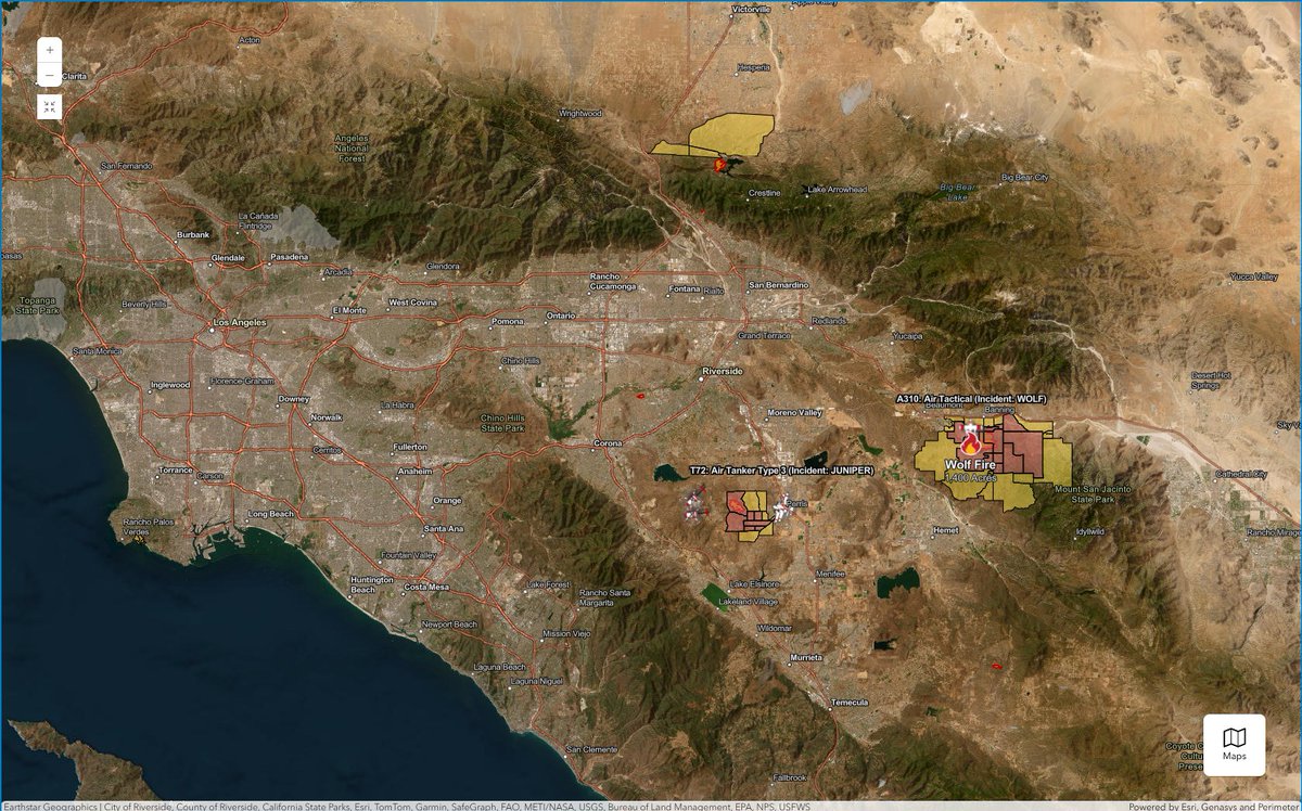 USAS_WW1's tweet photo. #WolfFire #JuniperFire #LakeFire #California: Metro Los Angeles / San Bernardino / Riverside has the Wolf Fire (2,414 acres; 30% contained; 300 personnel; 4 helicopters; 70 engines), Juniper Fire (689; 0%; 183; 2; 24) and Lake Fire (485; 25%; 525; 3; 24). ๐ NOAA shows zero rain. https://t.co/UrYqngiIQM