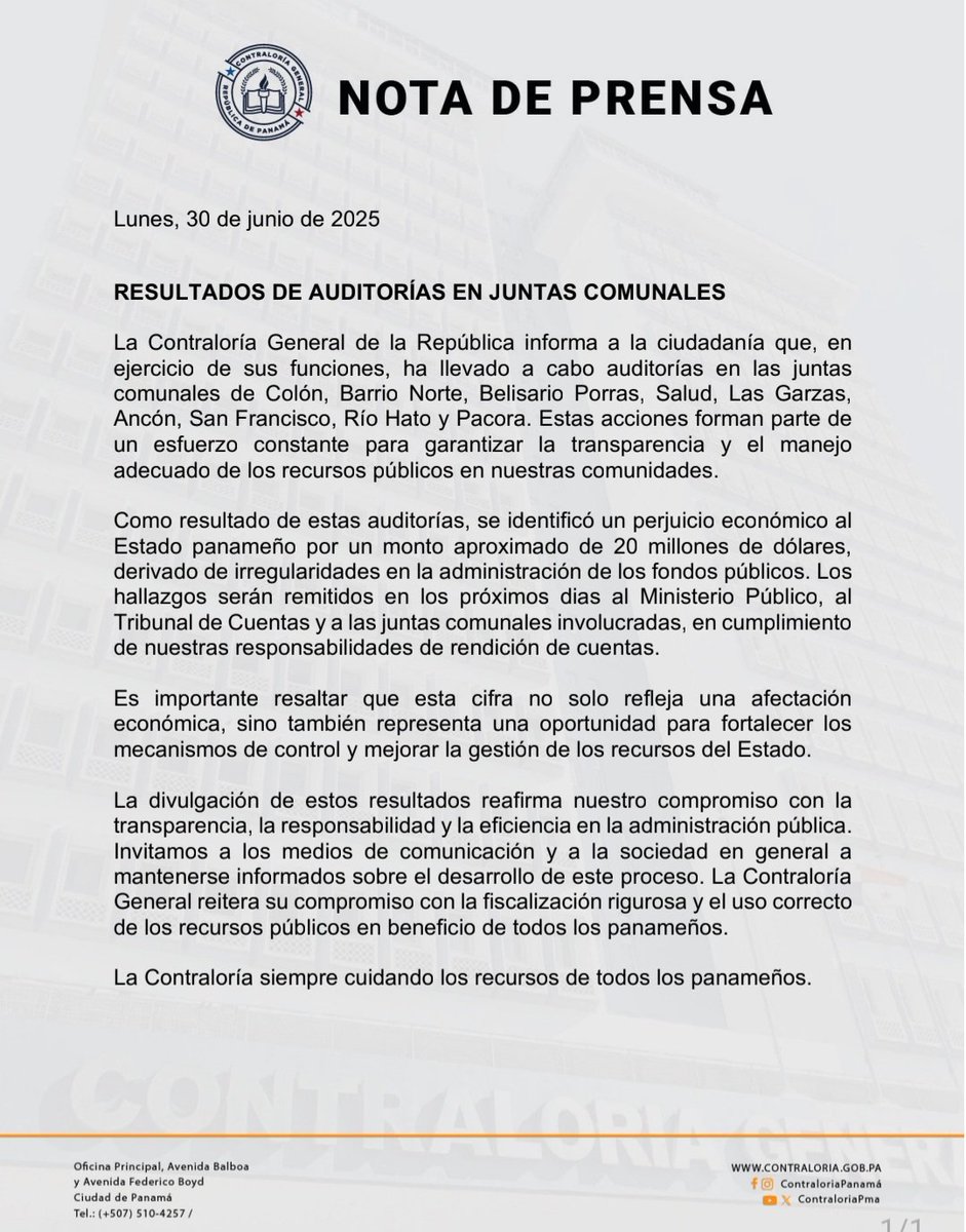 La <a href="/ContraloriaPma/">Contraloría General de la República de Panamá</a> detecta lesiones patrimoniales en juntas comunales por un monto de 20 millones de dólares.