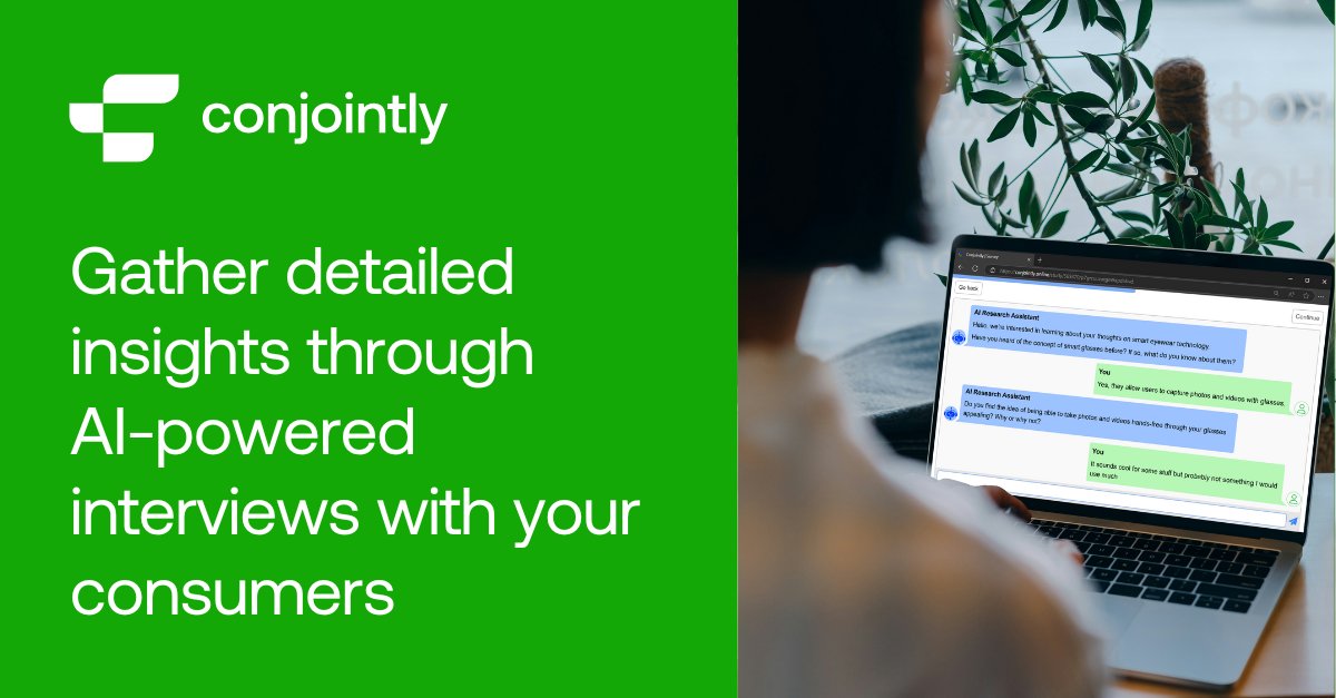 💬Looking for qualitative insights?

With Conjointly’s Conversational Surveys, you can conduct AI-powered interviews with your consumers, gaining qualitative insights at the speed and scale of quantitative surveys, 

▶️ Learn more: conjointly.com/products/conve…