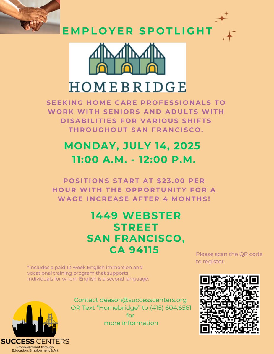 Join Success Centers as we host an Employer Spotlight with Homebridge! Come out and learn more about the Vocational English as a Second Language Home Care Immersion Training Program.