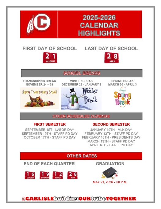 CarlisleLocal's tweet image. Can you believe it? July is almost here!
As we gear up for the 25-26 School Year, it's time to start planning. Stay tuned for information as we prepare for another exciting year!
This info was sent via final forms and OneCall text!
#CARLISLEbuildingOURtribeTOGETHER