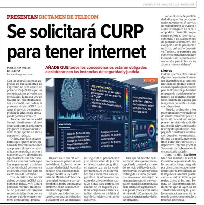 📷 Se necesitará la presentación de la CURP para tener servicio de internet en casa, dice la nueva ley en telecomunicaciones.
La colaboración de concesionarios con la justicia, incluida la geolocalización, requerirá de orden judicial.
#Infórmat #AMIDCI #Ciberseguridad #Siguenos