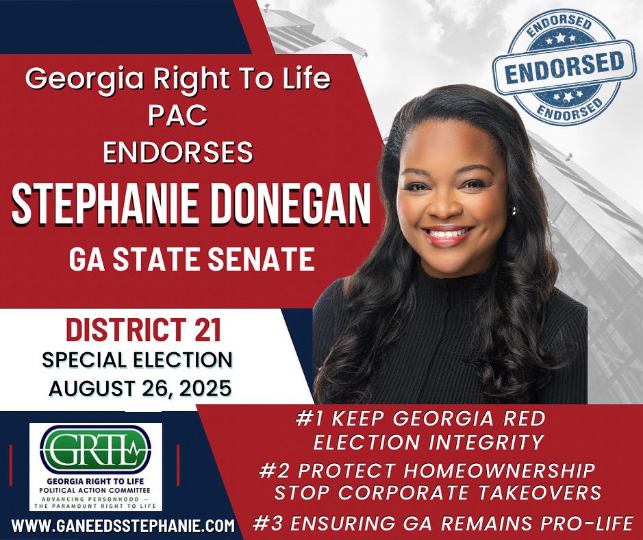 TheSDonegan's tweet photo. 🙏 Honored to receive the official endorsement of @GRTL PAC for Georgia State Senate District 21! 

As a pro-life conservative, I believe every life, born and preborn, deserves protection. We need unwavering advocates at the State Capitol who will never compromise on the sanctity of life.

Thank you to Georgia Right to Life PAC for your trust and support. Together, we’ll ensure Georgia remains a state that values and protects all life. 

#ProLife #GASenateDist21 #ConservativeValues #GANeedsStephanie #TheVoiceGeorgiaNeeds