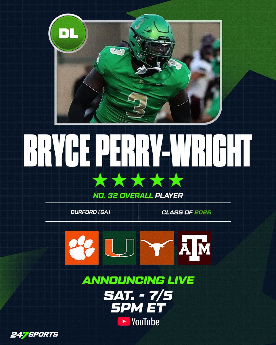 Tom Loy (@tomloy247) on Twitter photo Five-star DL Bryce Perry-Wright is set to announce his college commitment this week.
The elite pass rusher will announce LIVE on 247Sports and CBS Sports on Saturday, July 5 at 5 pm ET.
Story: 247sports.com/article/five-s…
<a href="/Brycepw5/">Bryce Perry-Wright</a>
<a href="/247Sports/">247Sports</a> / #CommitHQ / <a href="/CBSSportsCFB/">CBS Sports College Football 🏈</a> Five-star DL Bryce Perry-Wright is set to announce his college commitment this week.
The elite pass rusher will announce LIVE on 247Sports and CBS Sports on Saturday, July 5 at 5 pm ET.
Story: 247sports.com/article/five-s…
<a href="/Brycepw5/">Bryce Perry-Wright</a>
<a href="/247Sports/">247Sports</a> / #CommitHQ / <a href="/CBSSportsCFB/">CBS Sports College Football 🏈</a>