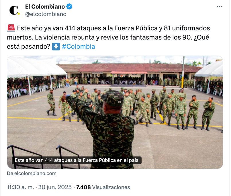 MariaFdaCabal's tweet photo. Con la paz cocal de Petro se desprotege a la Fuerza Pública y se consciente a los criminales, hasta se les pone en tarima para que se burlen de sus víctimas. 

En lo que va del 2025 van 414 ataques de los criminales contra nuestros hombres de Ejército y Policía, 81 de ellos asesinados mientras Petro habla de paz y distrae al país.
