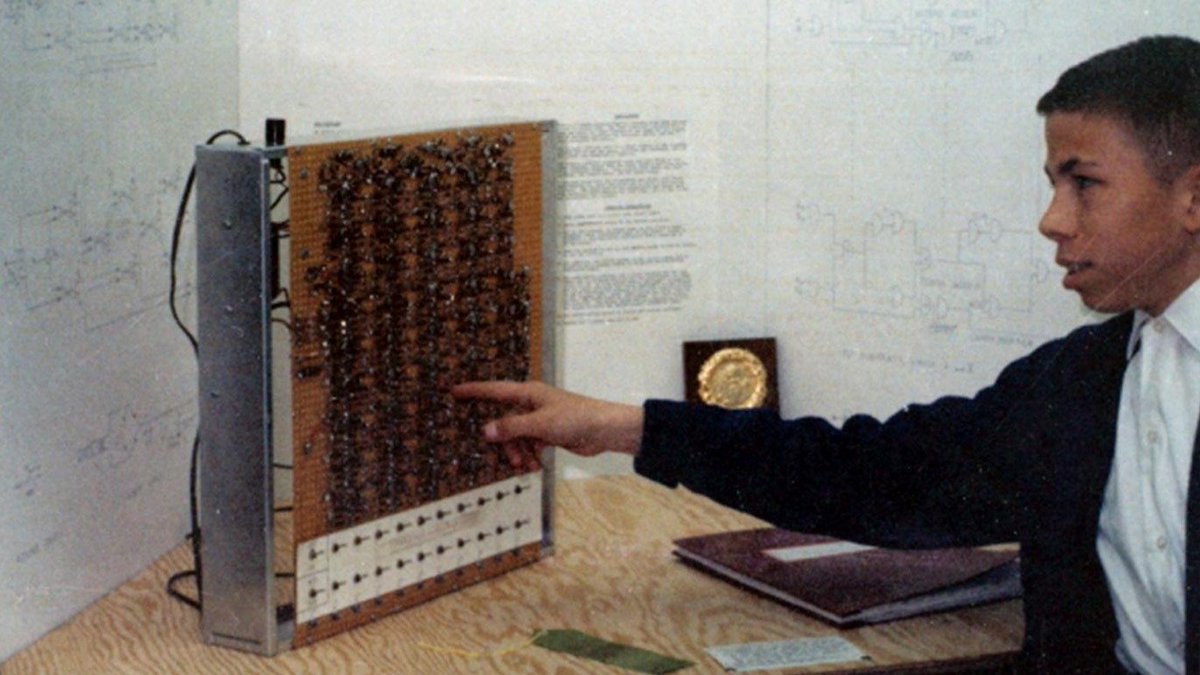 Steve Wozniak, a 13 year-old Cupertino Junior High school student was able to build an electronic 10-bit binary adder machine with hundreds of transistors which was so advanced that it won first place at the 1964 Bay Area Science Fair.