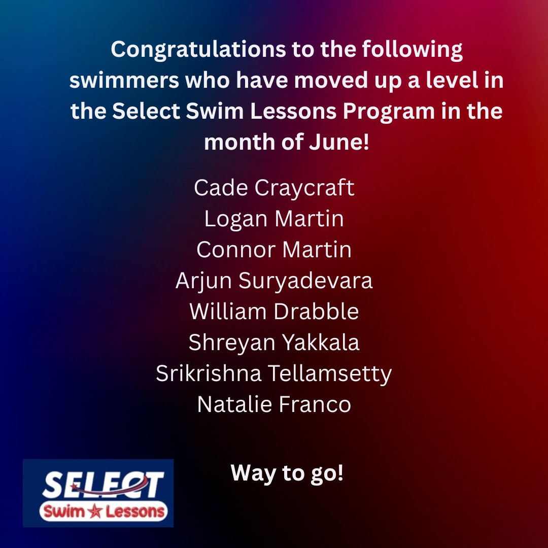 Select_Swim's tweet image. Congratulations to the following swimmers for moving up levels in the Select Lessons Program! 

#selectswim2425 
#selectlessonsprogram 
#movingup