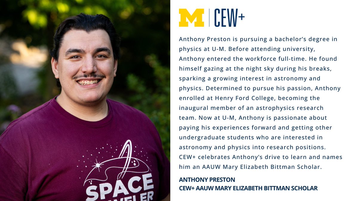 CEWatUM's tweet image. Anthony Preston is pursuing a bachelor鈥檚 in physics at @umichLSA. Thankful for his experience on an astrophysics research team, Anthony wants to pay his experiences forward and get others who are interested in astronomy and physics into research positions. bit.ly/4neCVZl