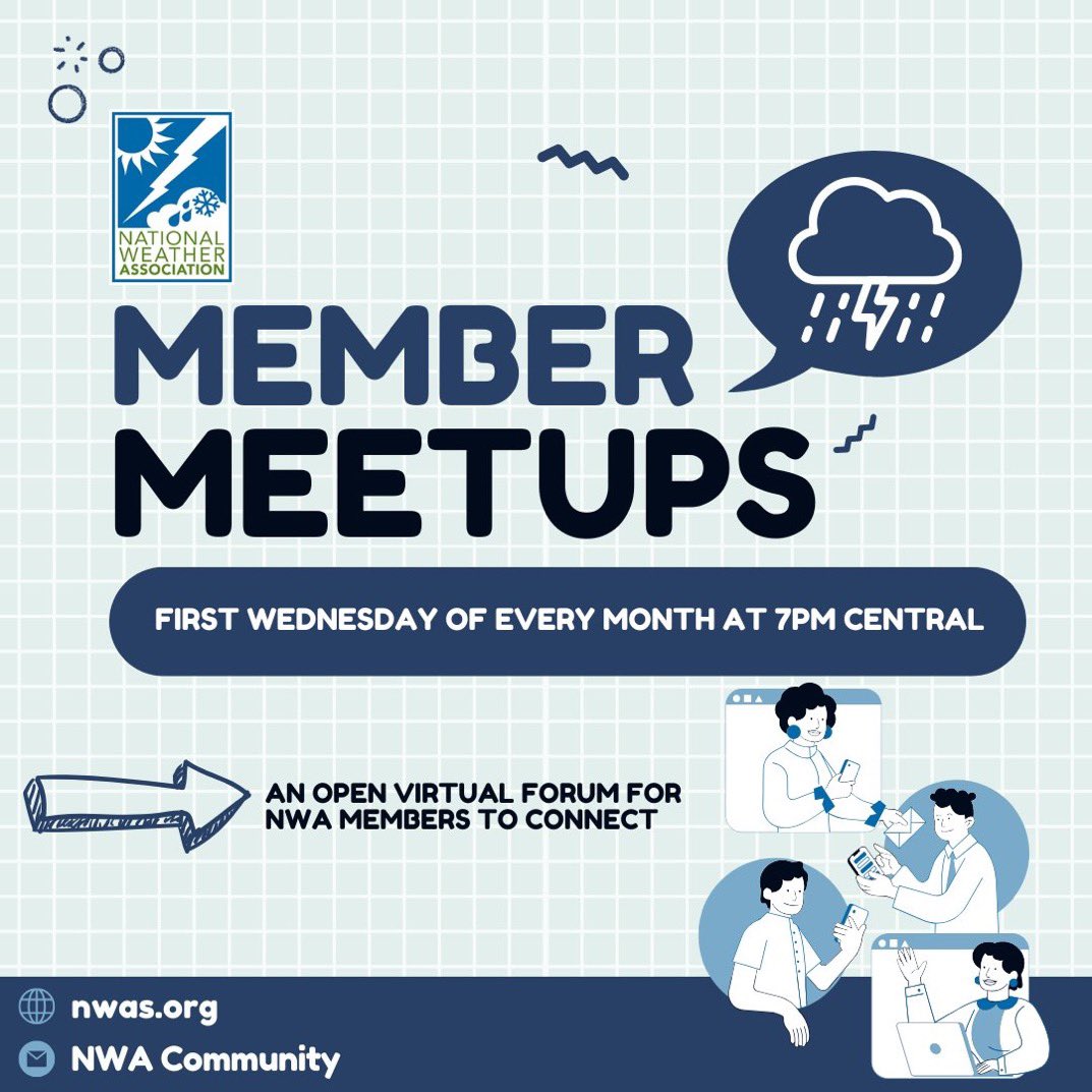 nwas's tweet image. Our next Member Meetup is this Wednesday (July 2) at 7 PM Central!
Join us for an open virtual forum to connect and discuss topics of interest across the weather enterprise!
Members: Check the Member Portal for the meeting link to join on Wednesday!