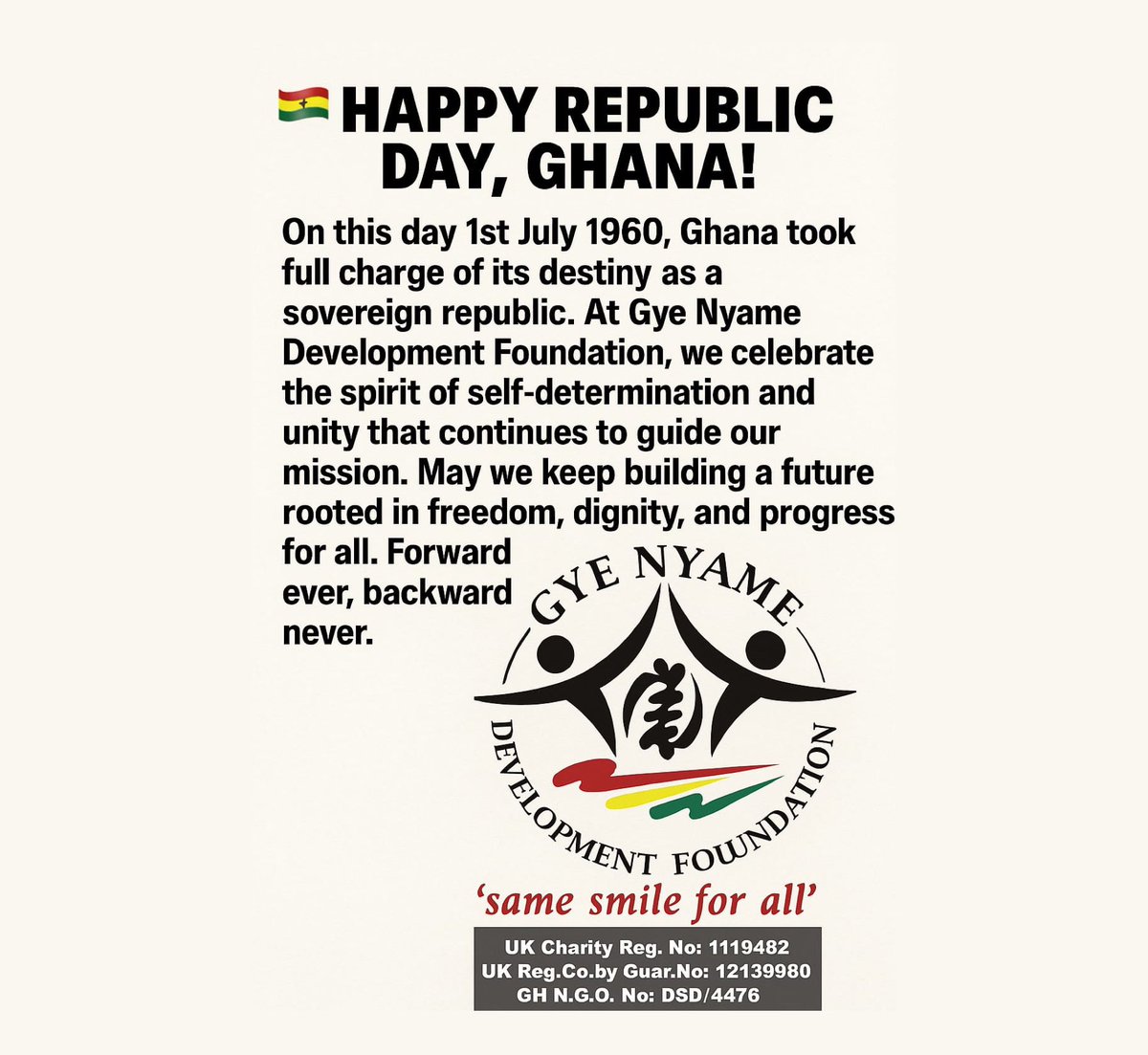 GyeFoundation's tweet photo. 🇬🇭 1st July marks Ghana's Republic Day! On this day in 1960, Ghana became a republic with Dr. Kwame Nkrumah as its first President. Though we gained independence in 1957, Republic Day symbolises the final step to full sovereignty. https://t.co/VvHMUirgOY