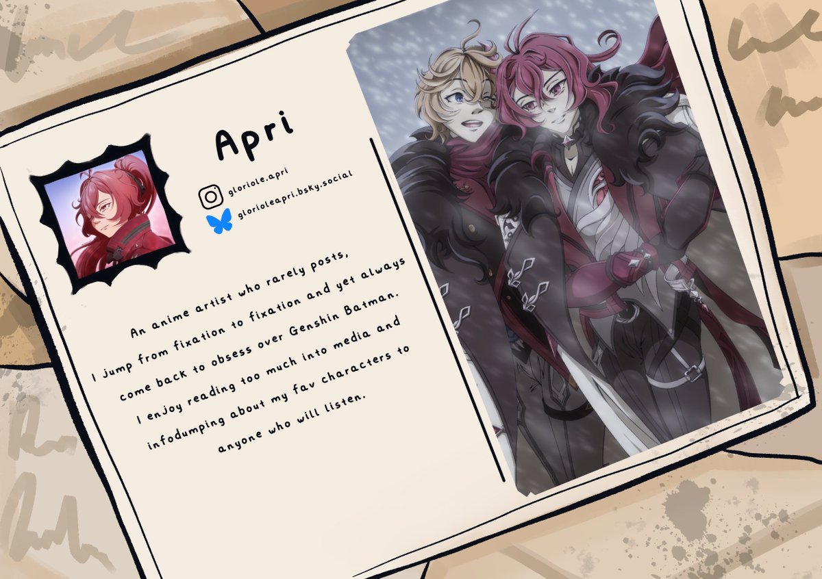 ChiluccZine's tweet image. 🦉 CONTRIBUTOR SPOTLIGHT 🐳
Introducing our artist @/gloriole.apri! An anime artist who jumps between fixation to fixation but always comes back to genshin batman