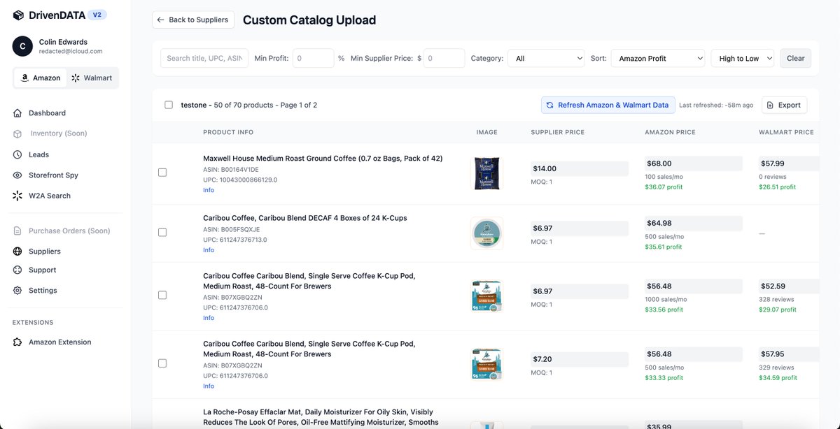 Upload a suppliers catalog and view those products on Amazon &amp; Walmart ‼️ <a href="/getDrivenData/">DrivenData</a>