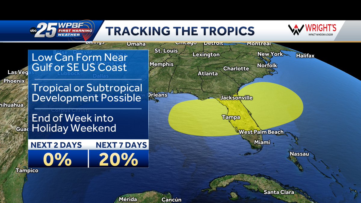 A weak front will drop down into the southeastern U.S. and North Florida later this week.  As the front stalls, low pressure may develop along the front in the Gulf, over Florida, or in the Atlantic.  Regardless of development, rainfall may increase over Florida.
In The Tropics