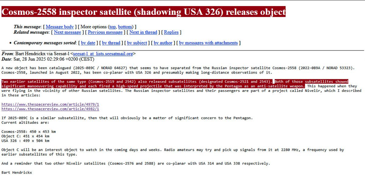BREAKING: The Russian inspector satellite Cosmos-2558, which has stalked the USA 326 satellite for a long time, has recently deployed an unknown object, likely a highly maneuverable sub-satellite with onboard high-speed kinetic anti-satellite weapons.