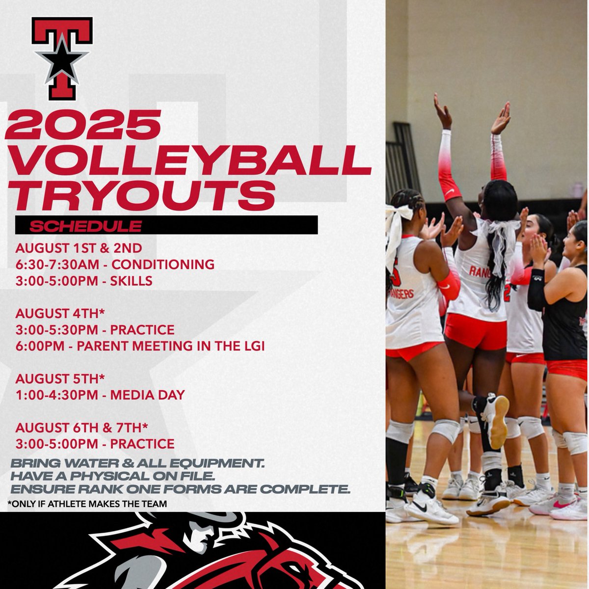 Lady Ranger Volleyball (@terryvolleyball) on Twitter photo ‼️‼️2025 Volleyball Try-Out Info‼️‼️
🗓️August 1st & 2nd
🕡 6:30-7:30 - conditioning
🕒 3:00-5:00 - skills
📍Ranger Gym
✅Bring water & necessary equipment
✅Have a physical on file & all Rank One forms complete
#DoBetter #BeBetter <a href="/Terry_Rangers/">Terry High School - Lamar CISD</a> <a href="/Darnelljackson6/">Darnell Jackson </a> ‼️‼️2025 Volleyball Try-Out Info‼️‼️
🗓️August 1st & 2nd
🕡 6:30-7:30 - conditioning
🕒 3:00-5:00 - skills
📍Ranger Gym
✅Bring water & necessary equipment
✅Have a physical on file & all Rank One forms complete
#DoBetter #BeBetter <a href="/Terry_Rangers/">Terry High School - Lamar CISD</a> <a href="/Darnelljackson6/">Darnell Jackson </a>