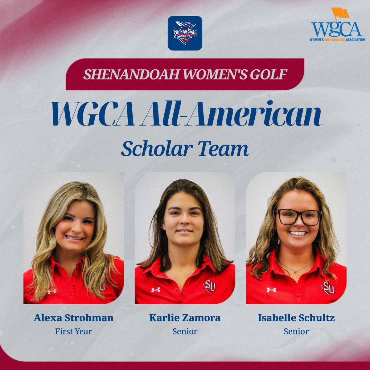 Congratulations to @suhornetsgolf Alexa Strohman, Karlie Zamora, and Isabelle Schultz on being named to the 2024-25 WGCA All-American Scholar Team!!

#GoSUHornets