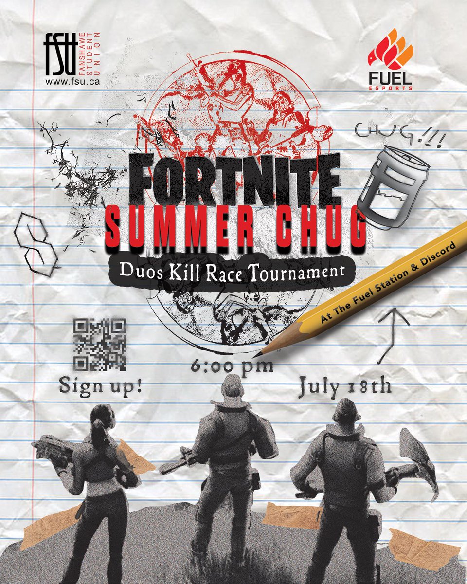 Fuel Esports presents: Summer Chug, a Fortnite Duos Kill Race tournament.

On July 18th at 6pm, all community members can participate in the Fuel Esports Discord or in-person at The Fuel Station in J2018 (FANCard required)

Signups available at linktr.ee/fanshawefuel