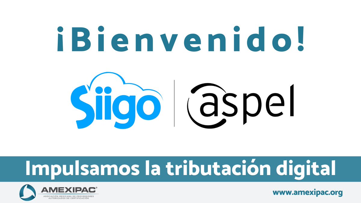 AMEXIPAC's tweet photo. ¡Damos la bienvenida a @SiigoAspel a la familia #Amexipac! 💪 Juntos impulsaremos la #TributaciónDigital en México.
🚀 ¡Tú también únete a nuestra comunidad y descubre los beneficios de ser socio Amexipac! https://t.co/W0eHBzkPU0 https://t.co/TBAVAMmEUD