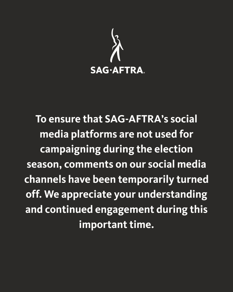 sagaftra's tweet image. To ensure that SAG-AFTRA’s social media platforms are not used for campaigning during the election season, comments on our social media channels have been temporarily turned off. We appreciate your understanding and continued engagement during this important time.