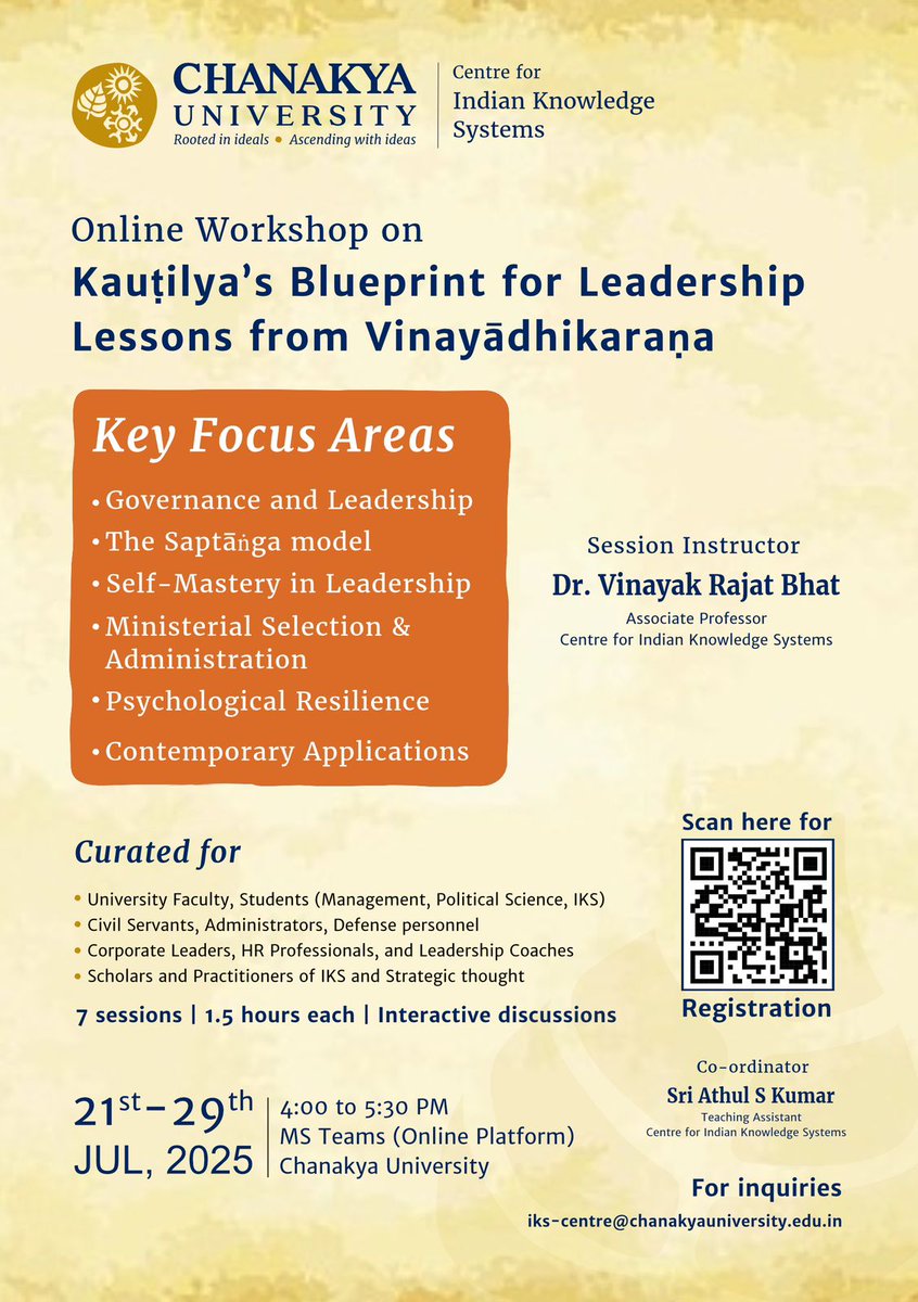 Unlock the mind of India's greatest strategist through our 7-day online workshop – Kauṭilya’s Blueprint for Leadership: Lessons from Vinayādhikaraṇa 

Visit our website for more details - chanakyauniversity.edu.in/events/kau%e1%…

Secure Your Spot Now! rzp.io/rzp/IsTi7Fu