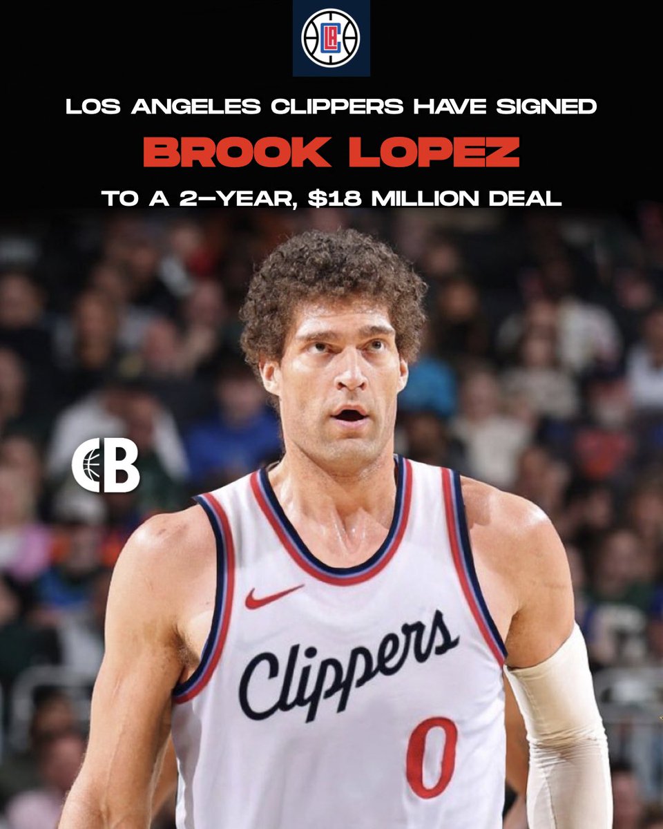 CourtsideBuzzX's tweet photo. BREAKING: Los Angeles Clippers have signed Brook Lopez to a 2-year, $18 Million deal. 

How will Brook fit in Los Angeles? 🤔

Jersey swap: @Jswapculture https://t.co/67QGjSUpmL