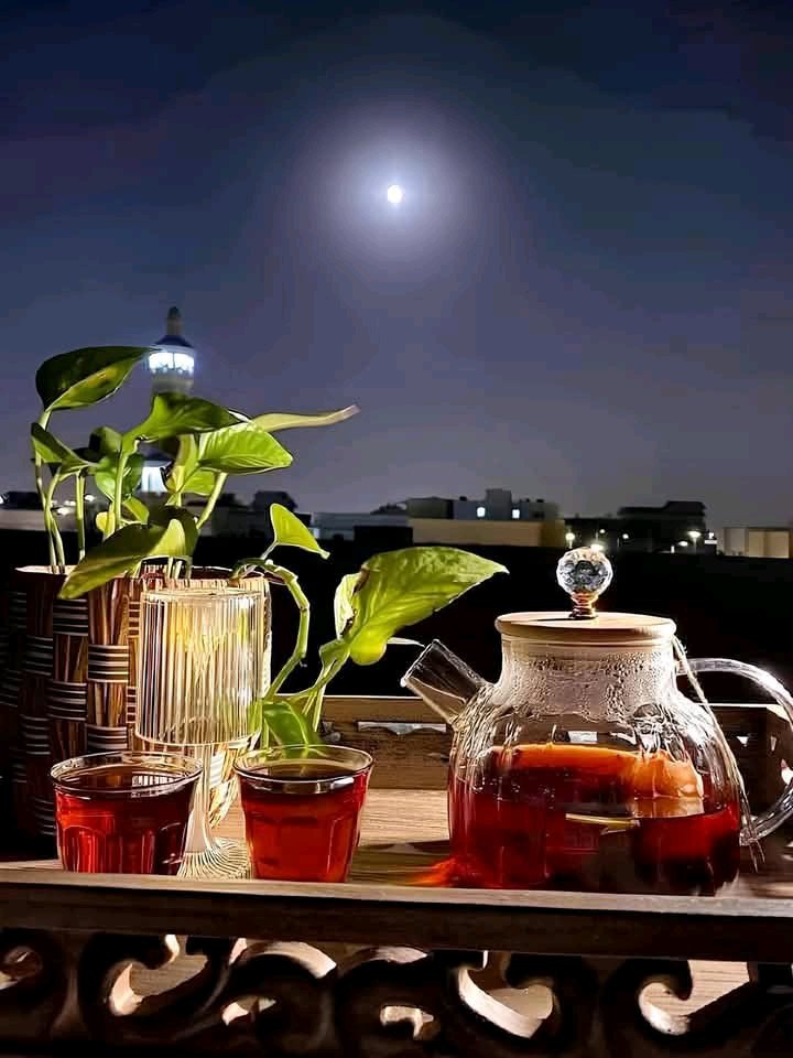 "لَيْلٌ وَقَمَرٌ، وَأَكْوَابُ شَايٍ بِالنّعنَاعِ وَأَحَادِيثُ لا تَنْتَهِي