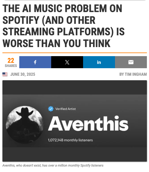 ednewtonrex's tweet image. New reporting today showing the absolute flood of AI music on Spotify.

- &apos;Aventhis&apos; has more than a million monthly Spotify listeners; one of his tracks has 2 million+ plays; he has released 57 songs in 4 months; he has an official Spotify-generated ‘THIS IS… Aventhis&apos;…
