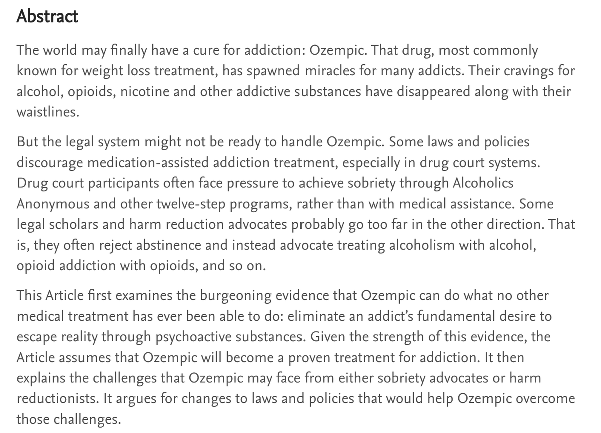 ProfGrewal's tweet image. I've posted, "It's Magic?: Ozempic, Addiction Treatment, and the Law" on SSRN
It discusses how the weight-loss wonder drug may cure drug addiction and some legal issues that may follow. papers.ssrn.com/sol3/papers.cf…