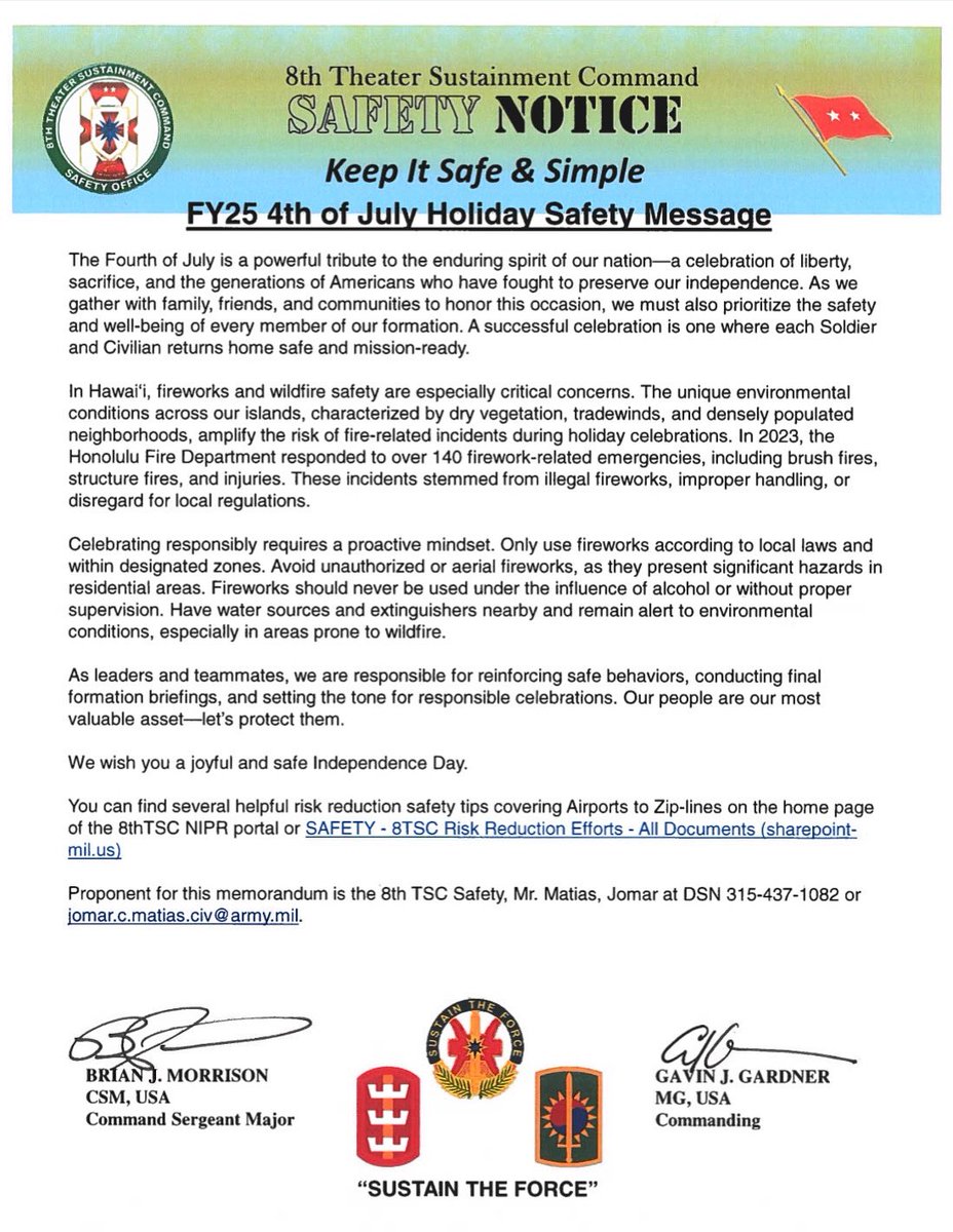 🇺🇸 As we get ready for the upcoming long weekend in celebration of Independence Day the command team wants to remind you to stay safe while you enjoy time with family and friends. 🥳🥳

#sustaintheforce #4thofJuly