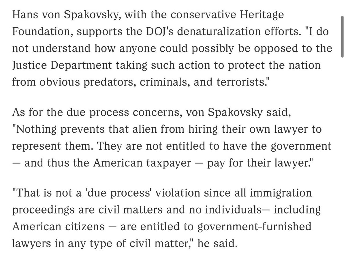 truth2pow3rTX's tweet image. What @Heritage ignores here is that #denaturalization usually occurs because of a crime committed BEFORE the person gains citizenship.

People should remain here and given Due Process under the Constitution should they commit another crime after getting citizenship.

NPR: