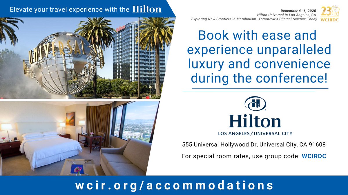 YHandelsmanMD's tweet image. Experience effortless booking with Hilton Los Angeles / Universal City and elevate your conference experience for the 23rd WCIRDC this December.
Book now at wcir.org/accommodations and use code WCIRDC for special room rates!