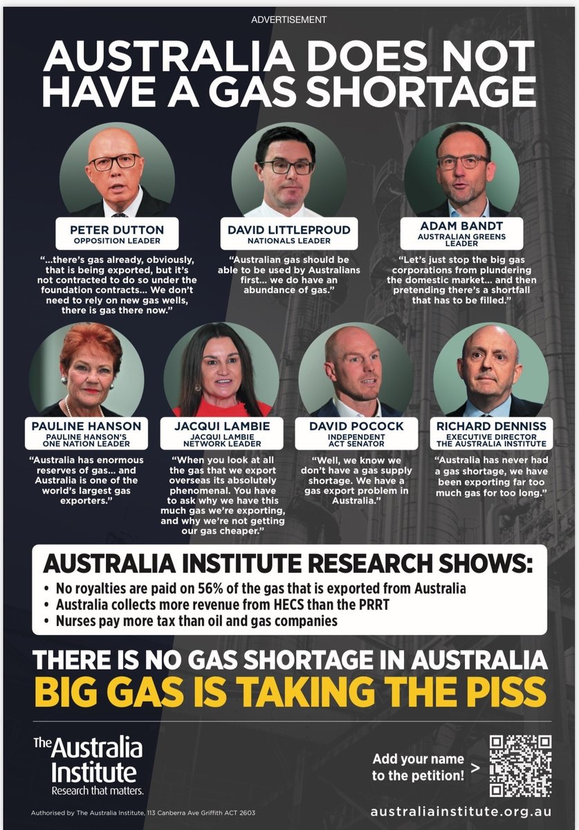 There is no gas shortage in Australia.

Remember: Australia exports 80% of its gas.

Despite the fact that nearly all sides of politics agree, this hasn't stopped Big Gas from pushing the myth of a shortage to justify digging new gas fields.

Read more: australiainstitute.org.au/post/forget-ev…