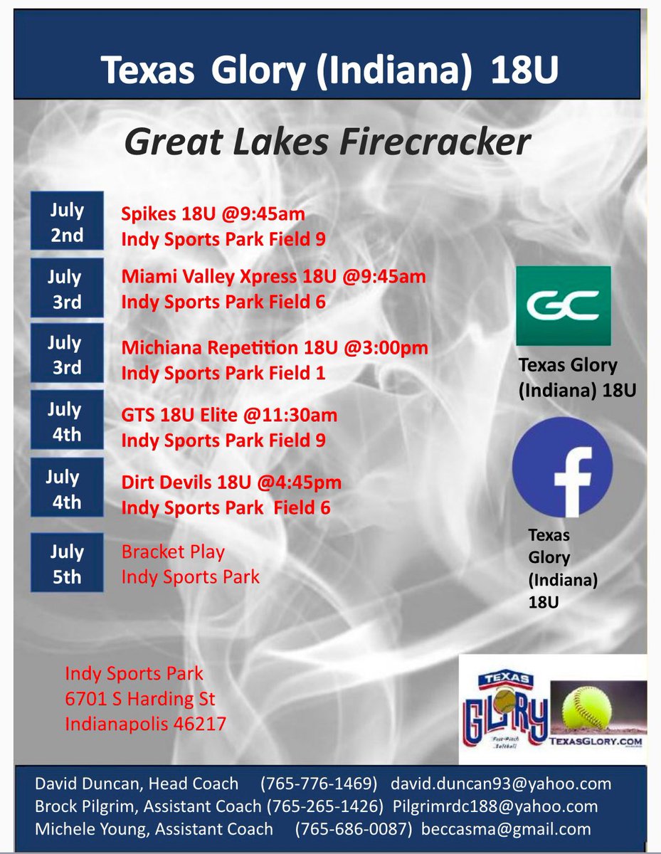 Ruth (Amma) Fitzhugh (@rfitzhugh2026) on Twitter photo Excited to play at the Great Lakes Firecracker at Indy Sports Park this week! Here is my schedule.
<a href="/18uGlory/">Texas Glory 18U (Indiana)</a>
<a href="/timadmiral25/">Tim Averill</a>
<a href="/NatNewell18/">Natalie Newell</a>
<a href="/joycewellhoefer/">Joyce Wellhoefer</a>
<a href="/mandylion10/">Amanda Jones</a>
<a href="/miranda_mokma/">Miranda Mokma</a>
<a href="/mckendree33/">McKendree Ward</a>
<a href="/Coach_Huff_OCU/">coachHuff</a> Excited to play at the Great Lakes Firecracker at Indy Sports Park this week! Here is my schedule.
<a href="/18uGlory/">Texas Glory 18U (Indiana)</a>
<a href="/timadmiral25/">Tim Averill</a>
<a href="/NatNewell18/">Natalie Newell</a>
<a href="/joycewellhoefer/">Joyce Wellhoefer</a>
<a href="/mandylion10/">Amanda Jones</a>
<a href="/miranda_mokma/">Miranda Mokma</a>
<a href="/mckendree33/">McKendree Ward</a>
<a href="/Coach_Huff_OCU/">coachHuff</a>